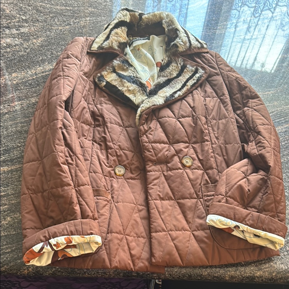 Brown Quilted Women's Jacket with Faux Fur Trim